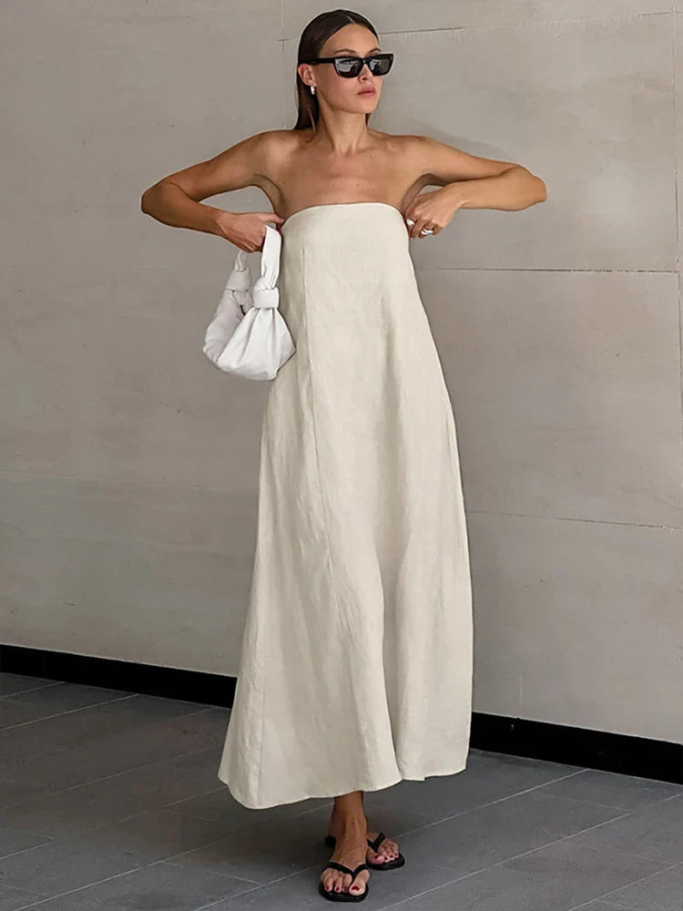 vmtvr 2024 Spring Summer Women Linen Dress Sexy Solid Strapless A-Line Midi Flare Holiday Vacation Dress For Women