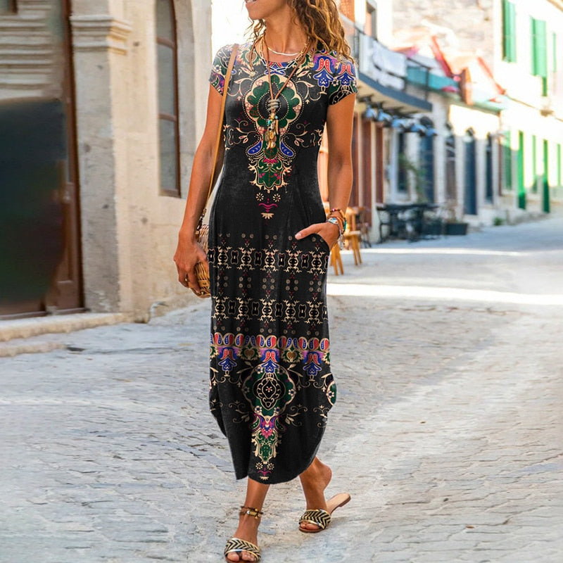 vmtvr - Elegant Women Maxi Dress Summer O Neck Short Sleeve Sundress Office Lady Party Dress Female Print A-Line Long Dress Vestido