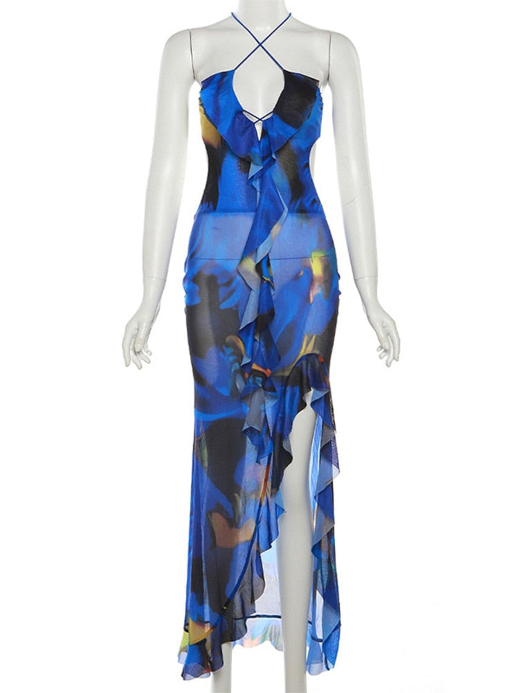 vmtvr - See Through Halter Print Maxi Dress Women Summer New Sexy Backless High Split Ruffles Sexy Party Club Long Dresses Vestidos