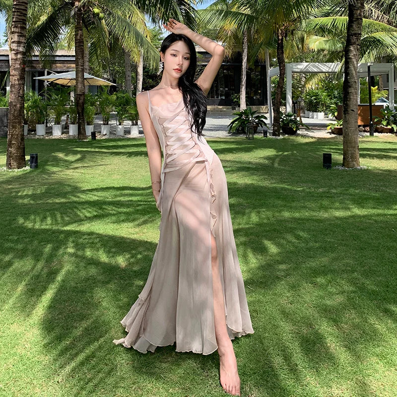 vmtvr - Maxi Long Dresses for Women New Summer Elegant Spaghetti Strap Slim Split Ruffle Female Clothes Beach Holiday Bandage Dress