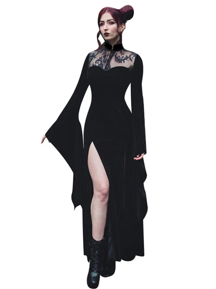 vmtvr - Halloween Party Long Dress Black High Waist Flared Sleeve Lace Cutout Gothic Maxi Dress Street Aesthetic Clubwear Maxi Dress