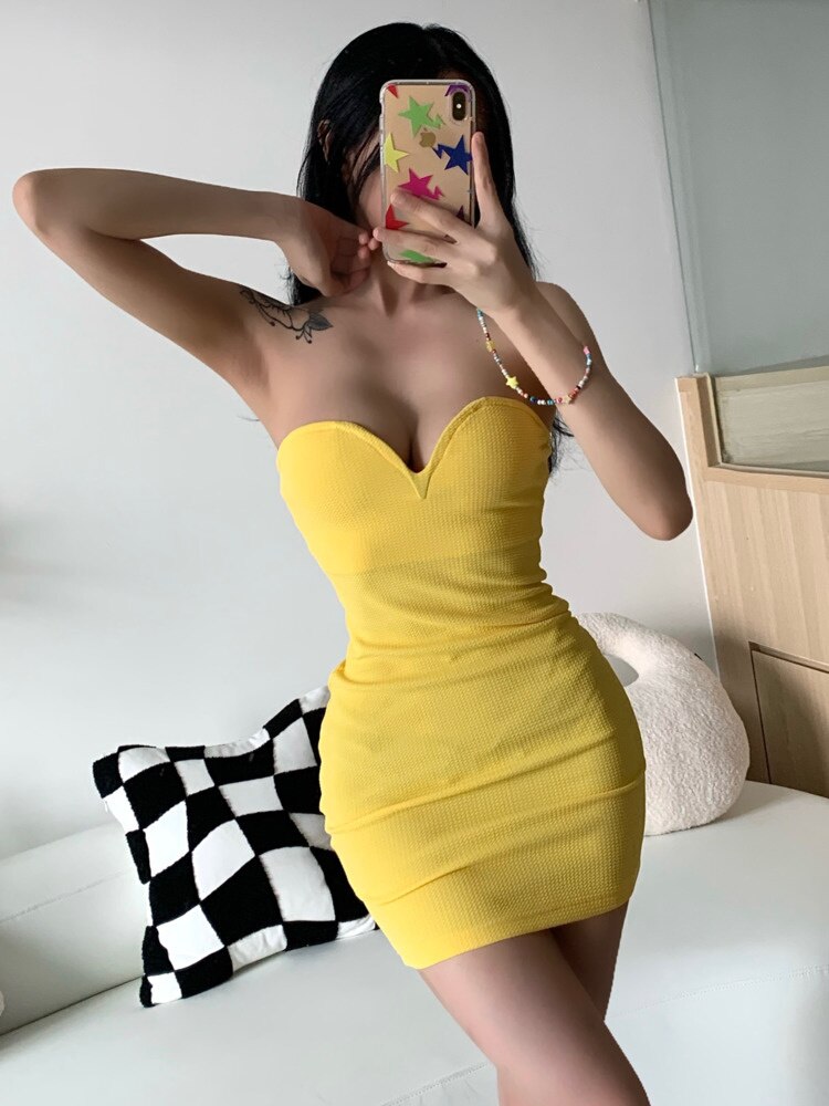 vmtvr - Chest Wrap Mini Tank Dress Sexy Tight High Waist Bright Elegant OL New Summer 2023 Hot Sexy Korean Robe Tops U780