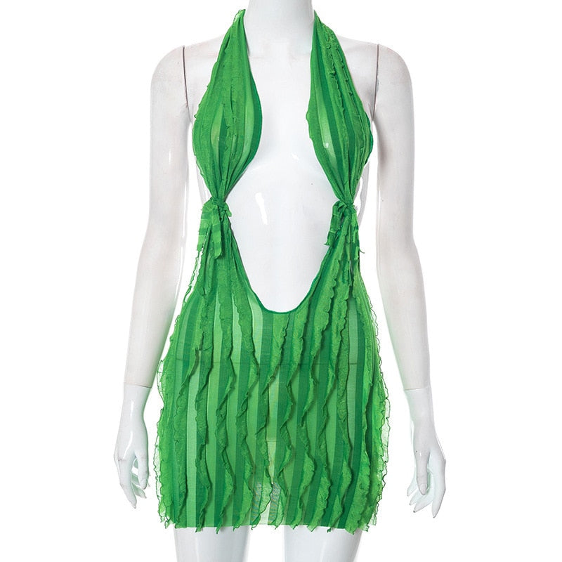Sexy Halter Low Cut Backless Maxi Dress Women Sleeveless Pleated Slim Fit Robe Summer Beach Birthday Luxury Y2K Clothes