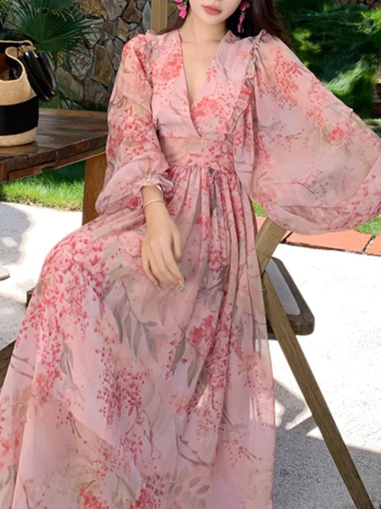 vmtvr Spring And Summer Floral Print Long Dress For Women Lantern Sleeve Beach Holiday Dresses V-Neck Long-Sleeved Robe Clothes