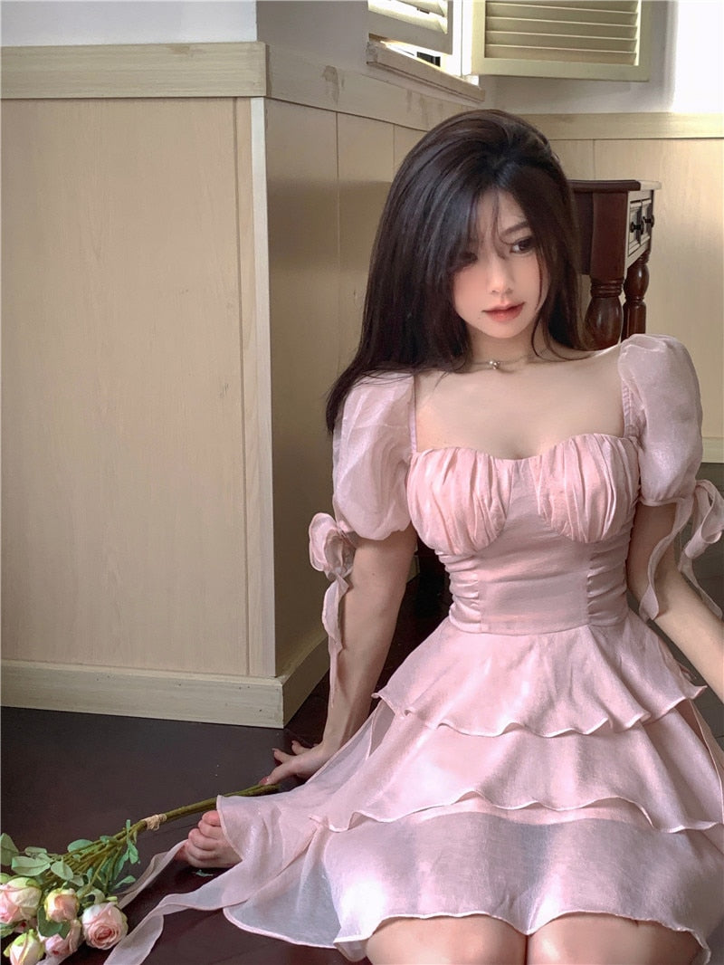 vmtvr Pink Kawaii France Style Short Dress Women Elegant Evening Party Midi Dresses Cute Sweet Puff Sleeve Clothing 2023