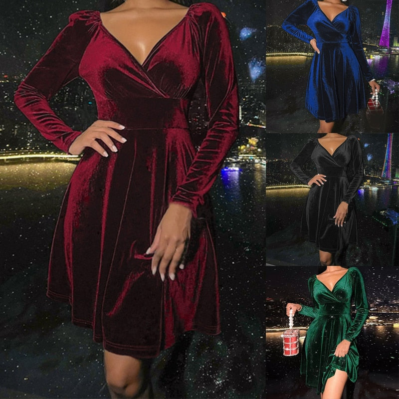 Sexy Club Party Women Dress New Fashion Long Sleeve Bodycon Dress V-Neck Ruched Midi Dresses For Women Winter