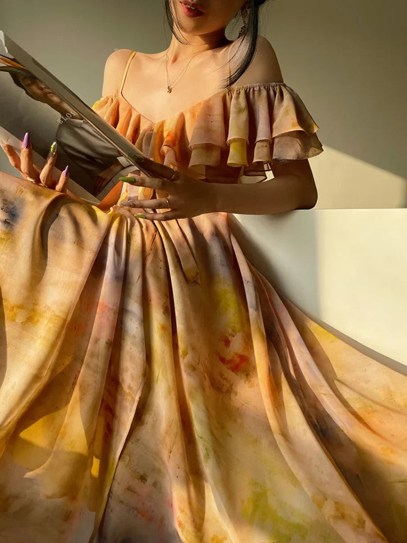 Vintage Print Midi Dresses for Women New Summer French Elegant Spaghetti Strap Ruffle Female Clothes Casual Holiday Dress