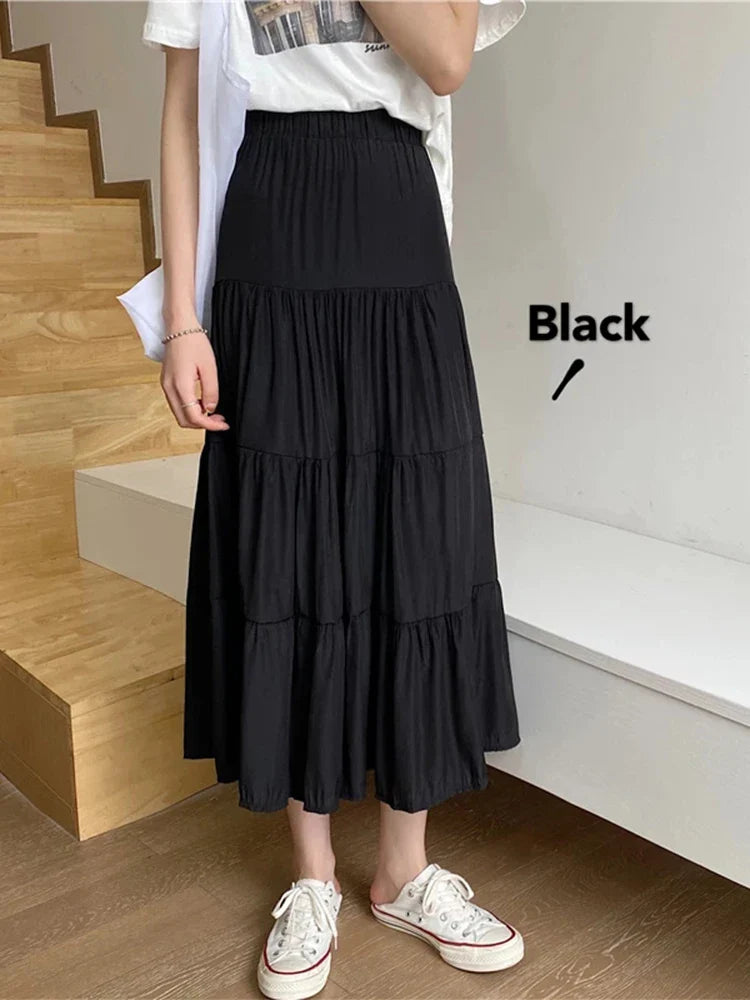 vmtvr Spring Summer Women Chiffon Skirts Vintage High Waist Elastic Patchwork White Black Chic Long Cake A-line Skirt for Student