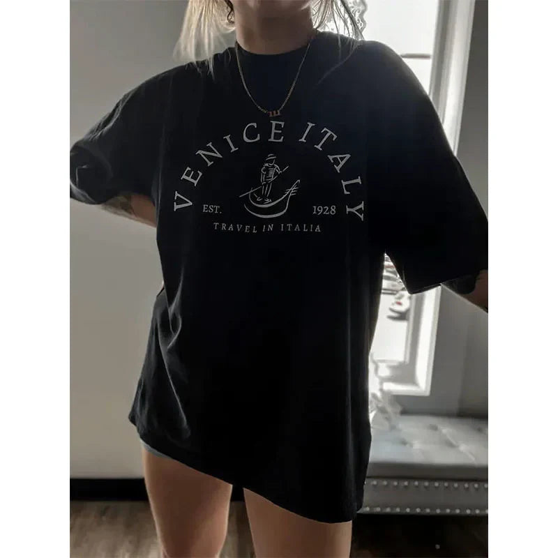 -Retro sports style outfit streetwear 90s fashion Venice Italy EST.1928 Graphic Vintage T Shirts Summer Short Sleeve Oversize Cotton Tops Tees Tumblr Fashion 80s 90s Shirts