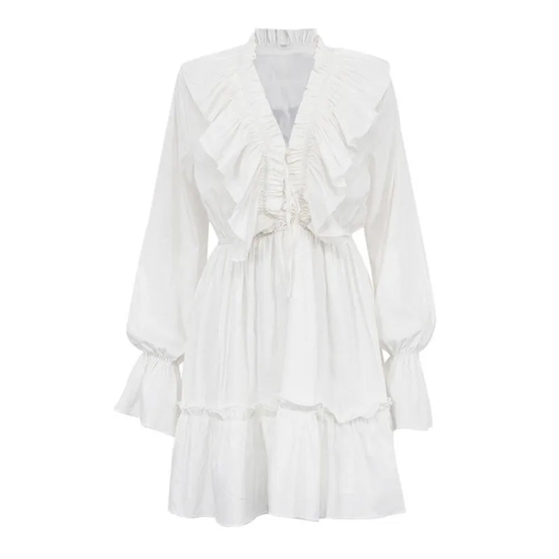 vmtvr Fashion V-Neck Design Fluffy Dress Spring and Summer Women's Elastic Waistband Ruffled Edge Pleated Flared Sleeve Casual Dress