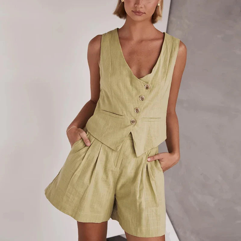 vmtvr New Spring Solid Two Piece Suit Casual Single Breasted Vest Suit Coat & Pocket A-Line Shorts Women Set Summer Sleeveless Outfits