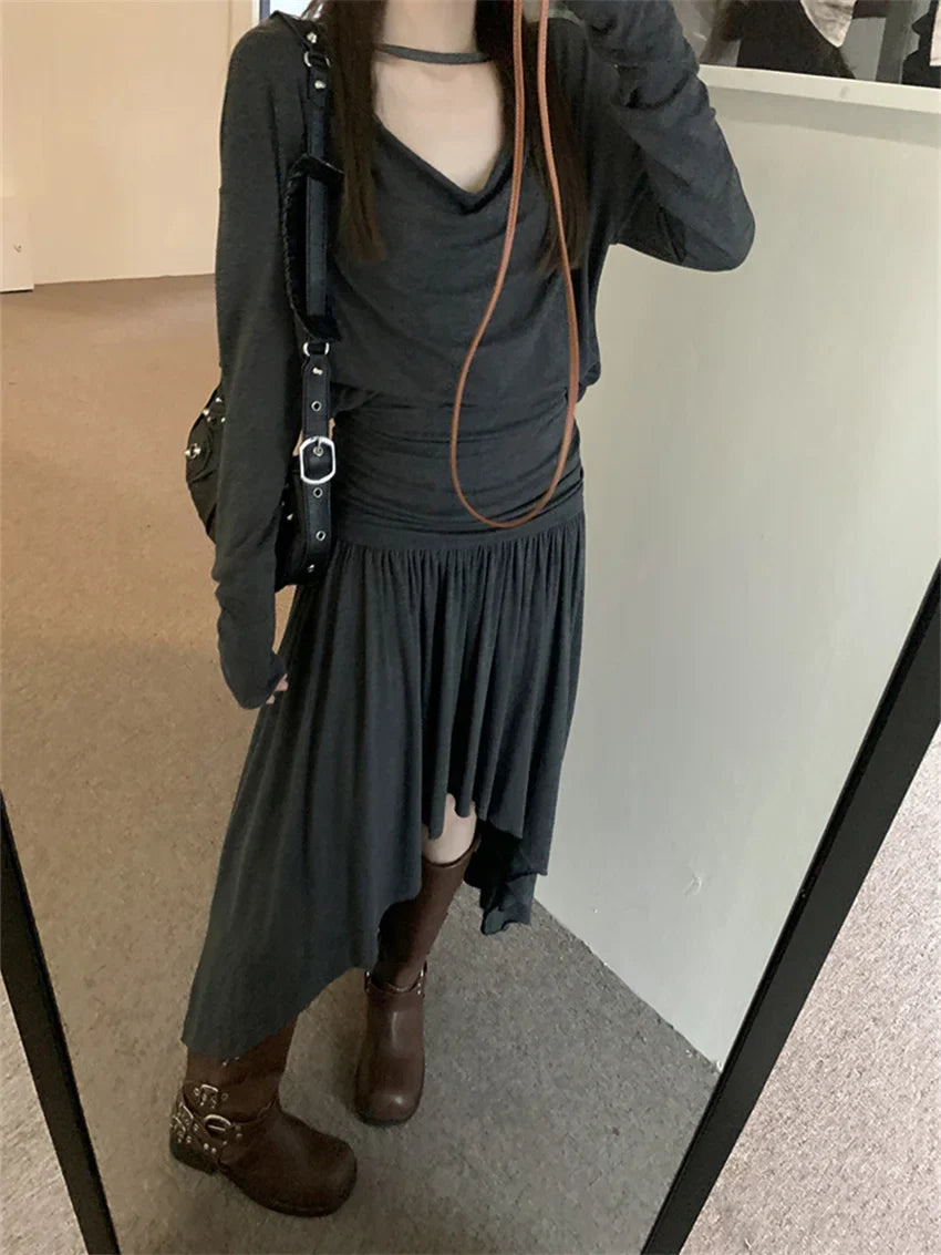 vmtvr Knitted T-Shirts Autumn Suits Women Chic Irregular Maxi Skirts New Office Lady Slim Sunscreen Daily Sets