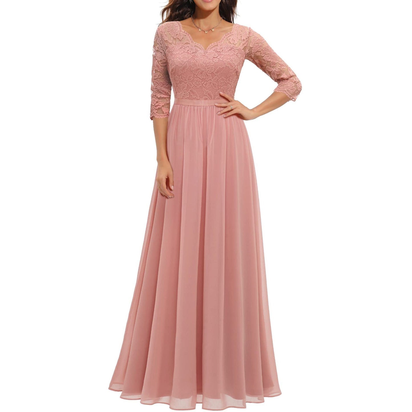 vmtvr Women's Elegant Vintage V Neck 3/4 Sleeve Floral Lace Chiffon Wedding Bridesmaid Maxi Dress Long Formal Dresses