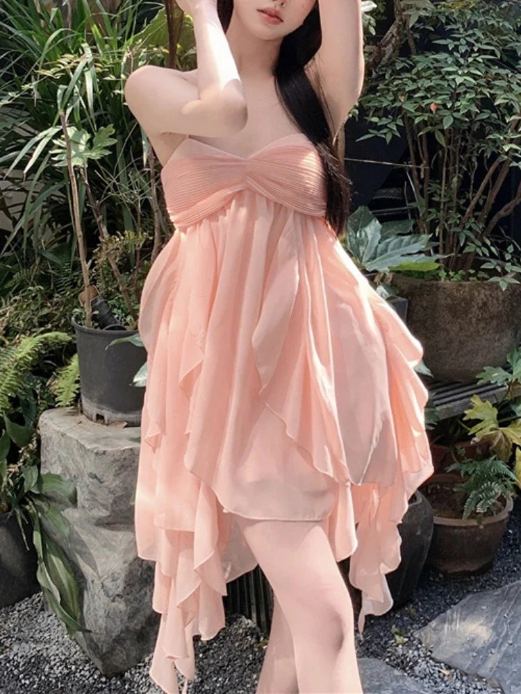 vmtvr Fairy Chiffon Pink Strap Dress Women Sexy Backless Even Party Dress Beach Style Casual Y2k Mini Dress Korean Summer Chic