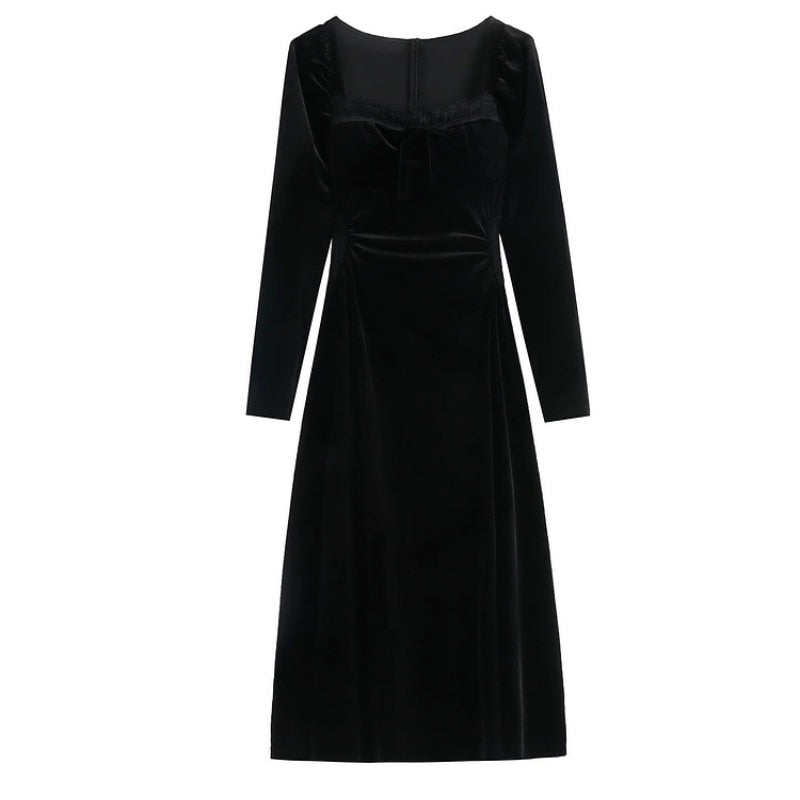 vmtvr - New Spring and Fall Vintage Black Long Sleeve Dress Woman Elegant Fashion Velvet Midi Dress Korean Style Even Party Dresses