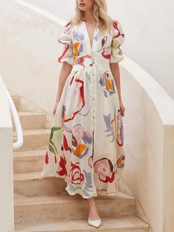 vmtvr - Dresses For Women Summer Sexy Print Long Maxi Dress Ladies Elegant Button Up Boho Floral Ruffles Pink Robe Vestidos