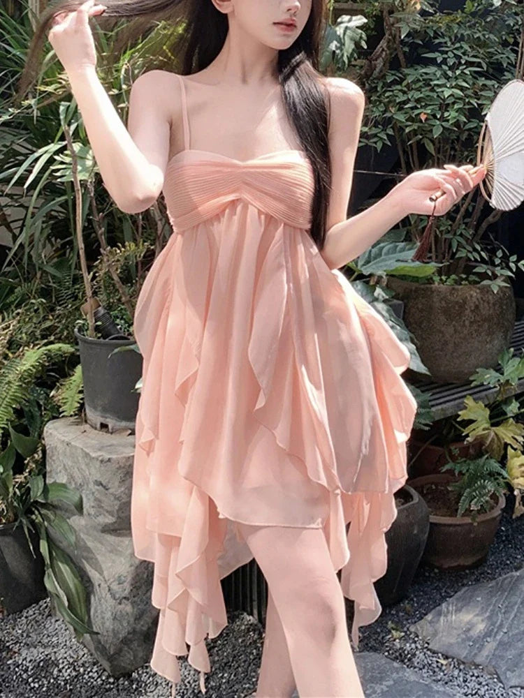 vmtvr Fairy Chiffon Pink Strap Dress Women Sexy Backless Even Party Dress Beach Style Casual Y2k Mini Dress Korean Summer Chic