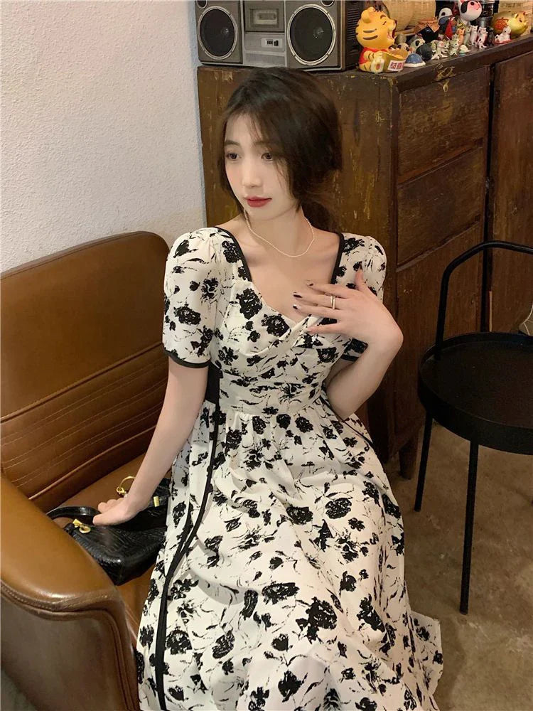 vmtvr High Waist Women Midi Dress Fashion Print Floral Summer Shorts Sleeve Ladies Dress Sexy V Neck Korean Casual Vestidos