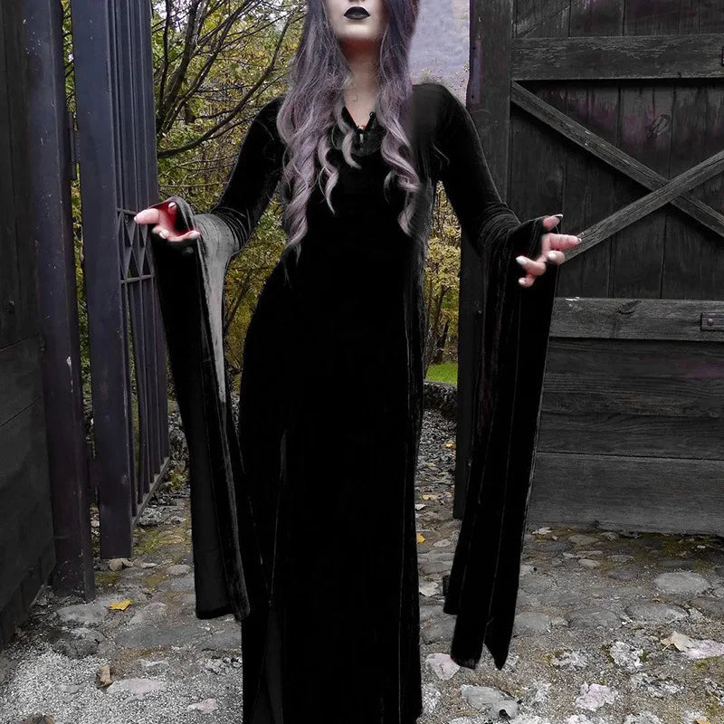 vmtvr - Halloween Party Long Dress Black High Waist Flared Sleeve Lace Cutout Gothic Maxi Dress Street Aesthetic Clubwear Maxi Dress