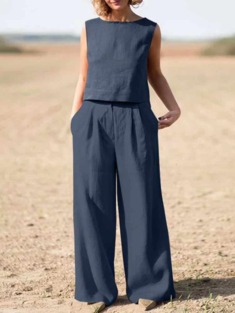 vmtvr Solid Cotton Linen Outfits Women Casual O Neck Sleeveless Pullover Blouse and Straight Pants Suits Summer Casual Loose 2Pc Sets