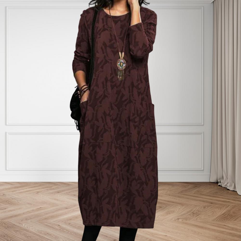 Women Midi Dress for Women Vintage Print Long Sleeves Crew Neck Dress Spring Autumn Loose Double Pockets Dress Streetwear