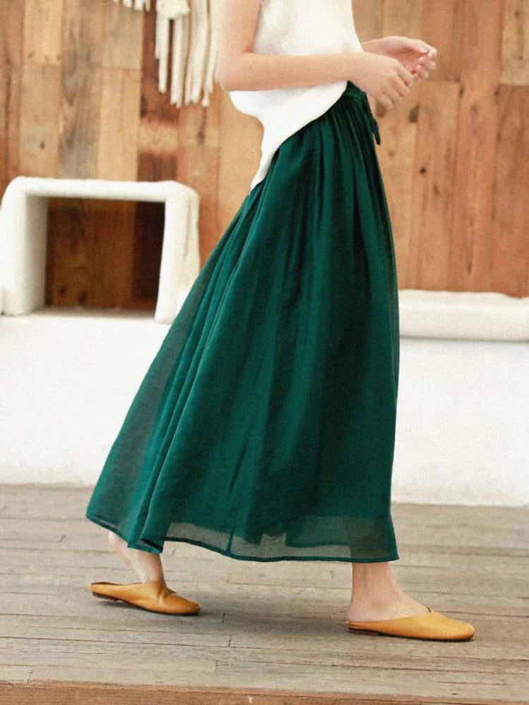 vmtvr Women Tulle Long Skirt Elastic High Waist Mesh Summer Green Fashion Loose Pleated Skirts Lace Up Elegant Ladies Skirt