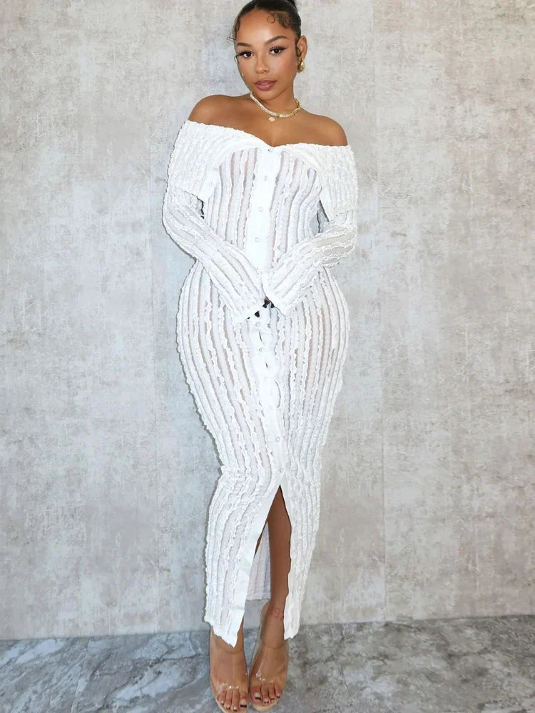 Women's Chic Pleated Midi Dress Off Shoulder See-Through Fitted Ruched Party Dress Night Club Outfits Clubwear