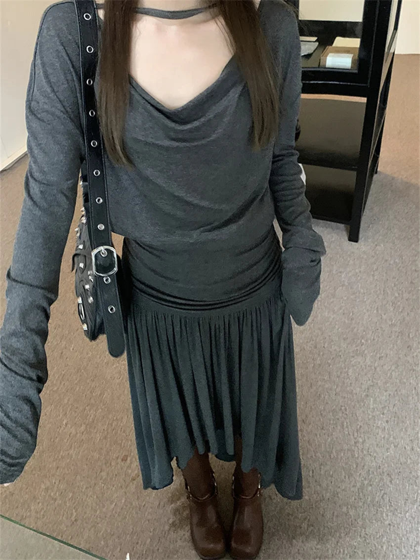 vmtvr Knitted T-Shirts Autumn Suits Women Chic Irregular Maxi Skirts New Office Lady Slim Sunscreen Daily Sets