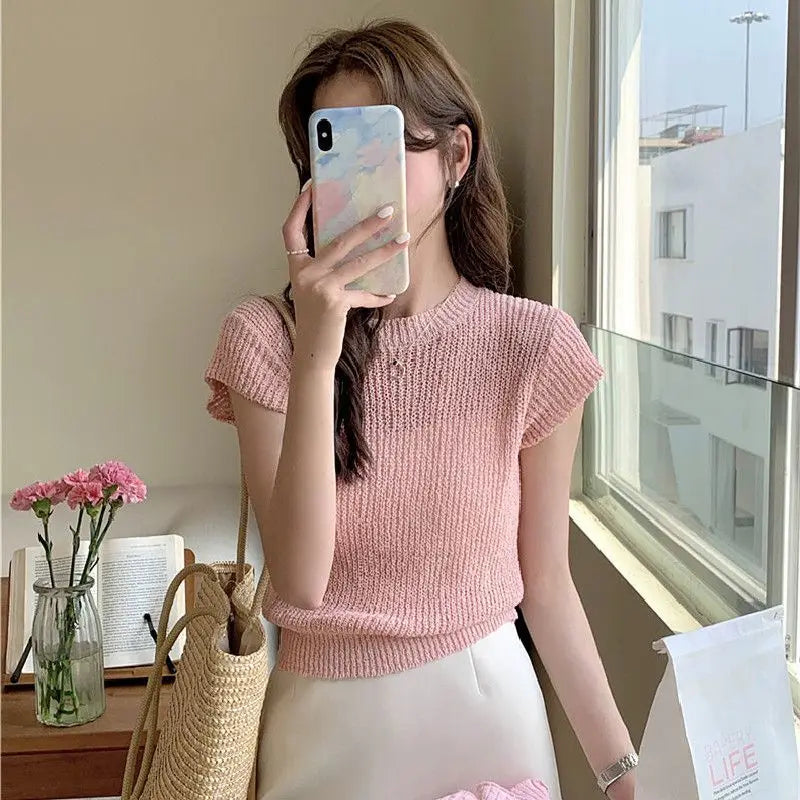 vmtvr Korean Minimalist Summer T-Shirts Women Round Neck Solid Color Screw Thread Short Sleeve Fashion Slim Fit Short Knitted Tops