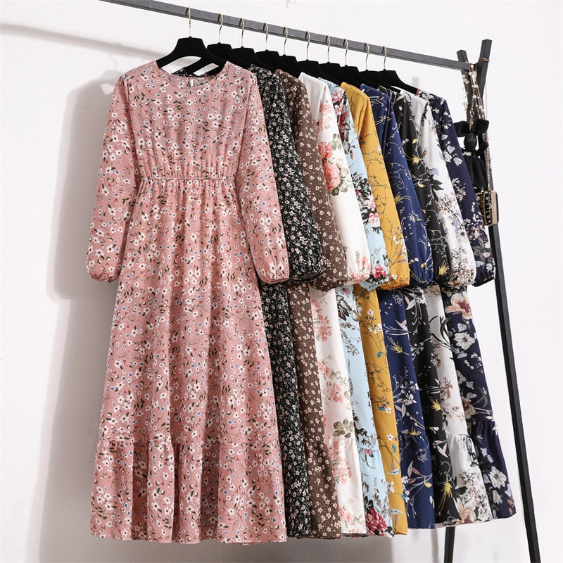 Women Floral Printed Maxi Dresses Spring Summer Casual O Neck Full Sleeve High Waist A Line Boho Beach Party Long Dress Vestidos