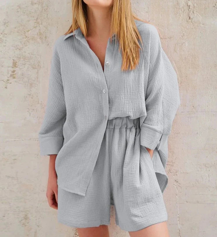 vmtvr Summer Homewear Shorts Sets Women Lapel Long Sleeve 2 Pieces Outfit Summer Elastic Waist Straight Shorts Women Suit