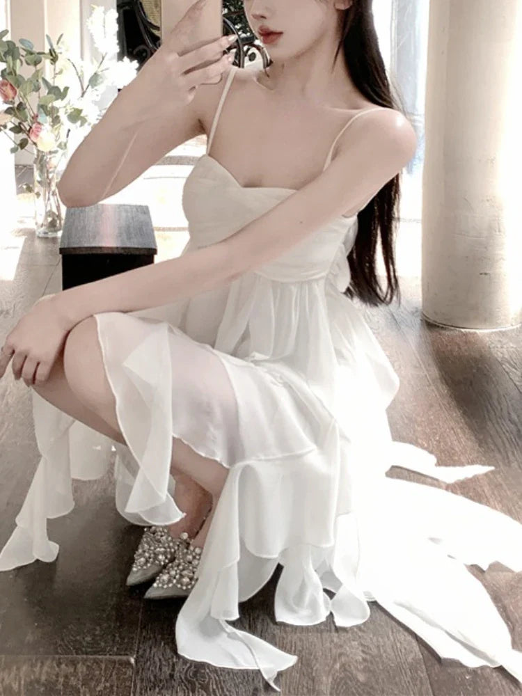 vmtvr Fairy Chiffon Pink Strap Dress Women Sexy Backless Even Party Dress Beach Style Casual Y2k Mini Dress Korean Summer Chic