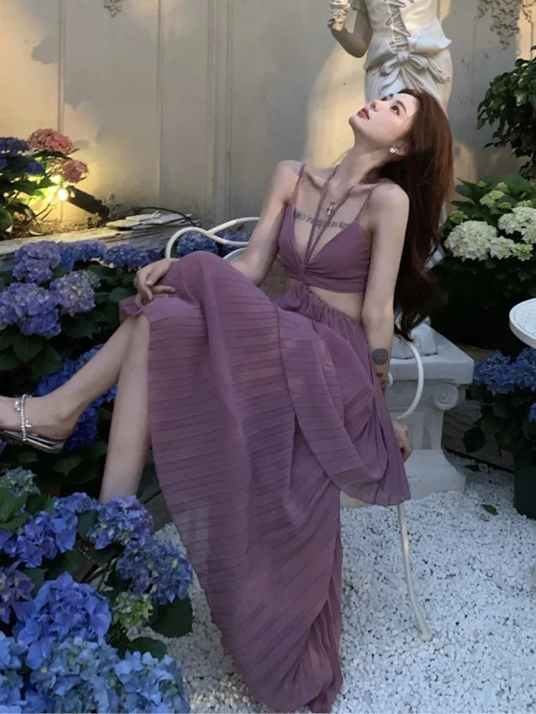 vmtvr Summer New Fashion Women Sexy Pleated Boho Long Dress Vacation Beach Strap A line Ladies Robe Sundress