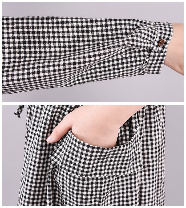 vmtvr - Dresses for Women Loose Stitching Cotton and Linen Plaid Long-sleeved Dress Women's Lace-up Waist Midi Skirt Elegantly