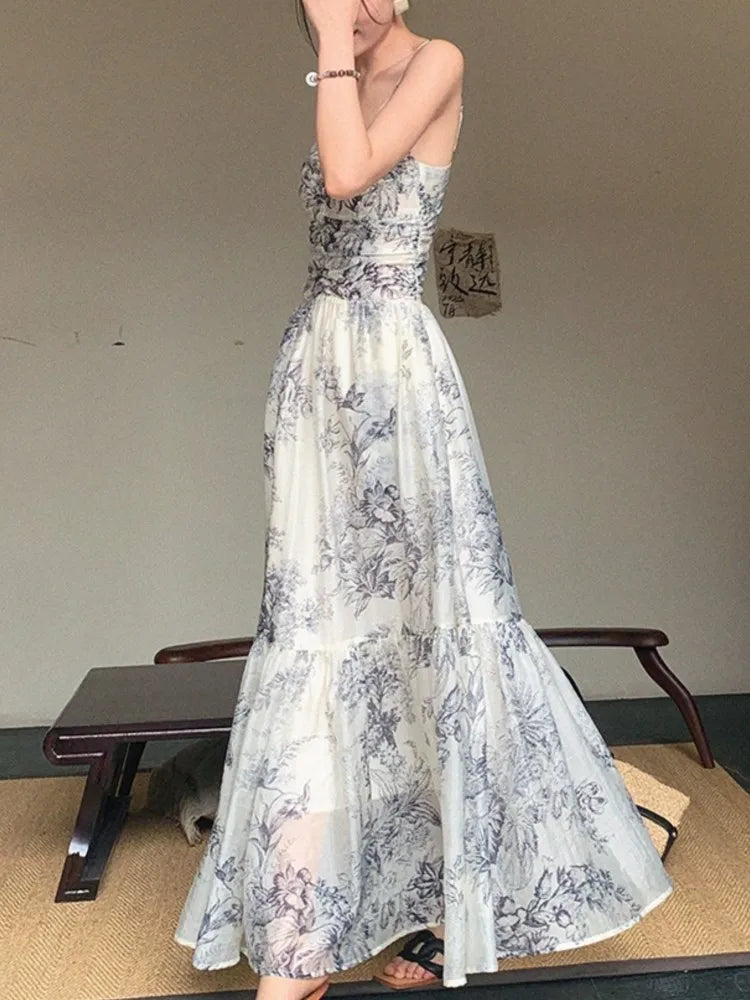 vmtvr Elegant Floral Long Dresses for Women Summer New Spaghetti Strap Party Dress Vintage Casual A-Line Female Prom Robe Vestidos