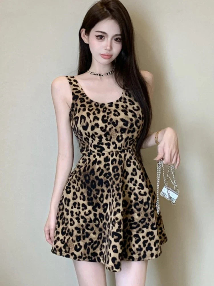 vmtvr Sexy Leopard Short Dresses for Women Summer Square Collar Sleeveless A-line Club Party Dress Elegant Prom Vestidos Mujer New