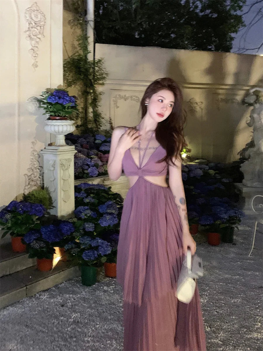 vmtvr Summer New Fashion Women Sexy Pleated Boho Long Dress Vacation Beach Strap A line Ladies Robe Sundress