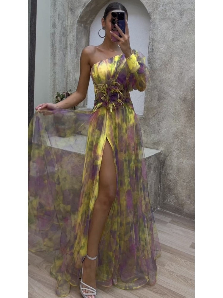 vmtvr - Elegant Tie-dye Print Dress Women Fashion Oblique Shoulder Pleated Long Dresses 2023 Summer Autumn Lady Party Evening Vestidos