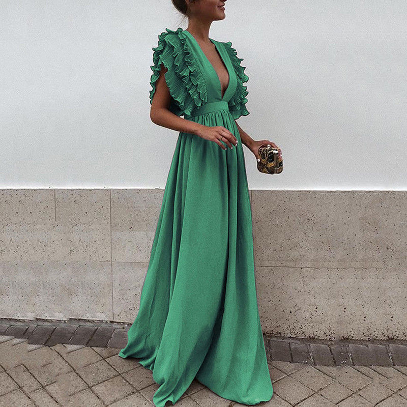 vmtvr Formal Party Dress Women Deep V-Neck Long Dress Elegant Flying Sleeves Backless Maxi Evening Dresses Robe De Soiree