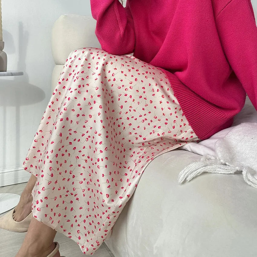 vmtvr Silk-like Satin Floral Skirt Spring and Summer Women's Elegant Elastic High Waist Leisure Vacation A-line Satin Skirt