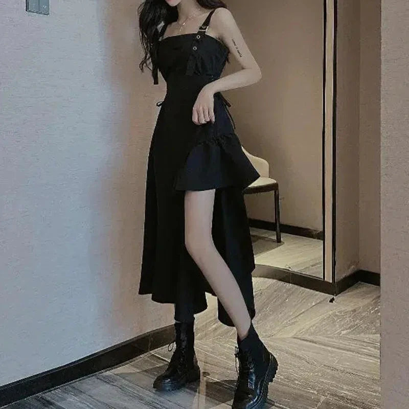 vmtvr Y2K Women Camis Dress Korean Lace-Up Waist Black Dress Summer Fashion Asymmetries Female Ball Gown Dresses New