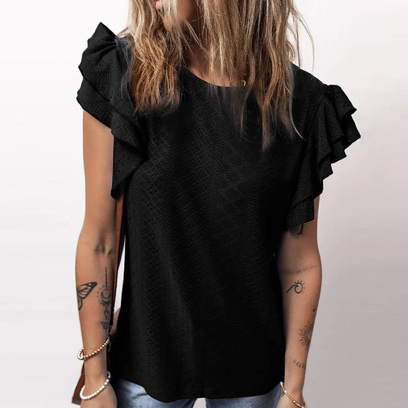 vmtvr Women Sexy O Neck Crochet Lace Blouses 2024 Spring Solid Hollow Jacquad Top Pullover Summer Butterfly Short Sleeve Loose Shirts