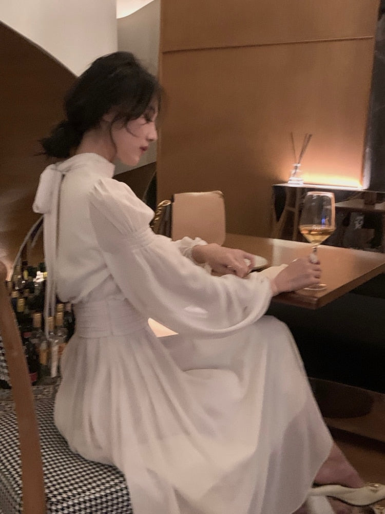 vmtvr - Spring Turtleneck White Midi Dress Women Long Sleeve French Elegant One Piece Dress Korean Fashion Y2k Clothing Design