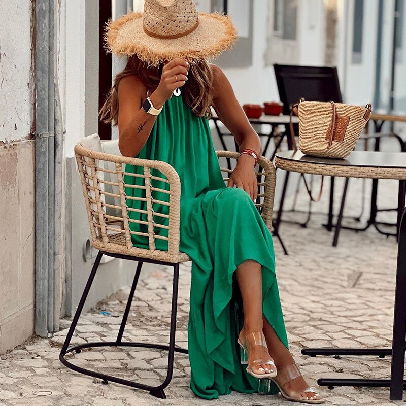 Lady Elegant Evening Dress Off Shoulder O-neck Sleeveless Solid Color Loose Maxi Dress Spring Summer Women Dresses Vestidos