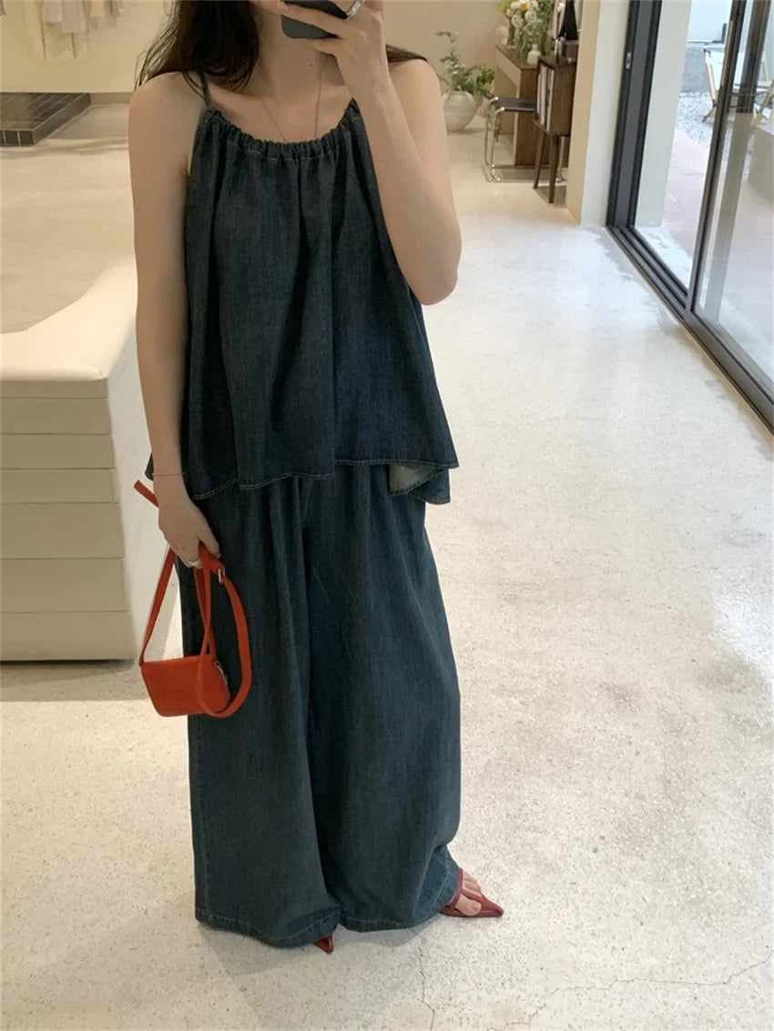 vmtvr Vacation Women Halter New Tank Tops Denim Chic Wide Leg Loose Summer Suit Sweet Casual Office Lady High Street Pants