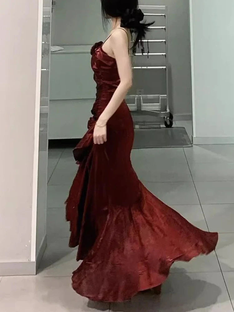 vmtvr - Korean Vintage Velvet Long Dress Women Luxury Slim Mermaid Spaghetti Strap Floral Dress Elegant Sexy Casual Evening Party Dress