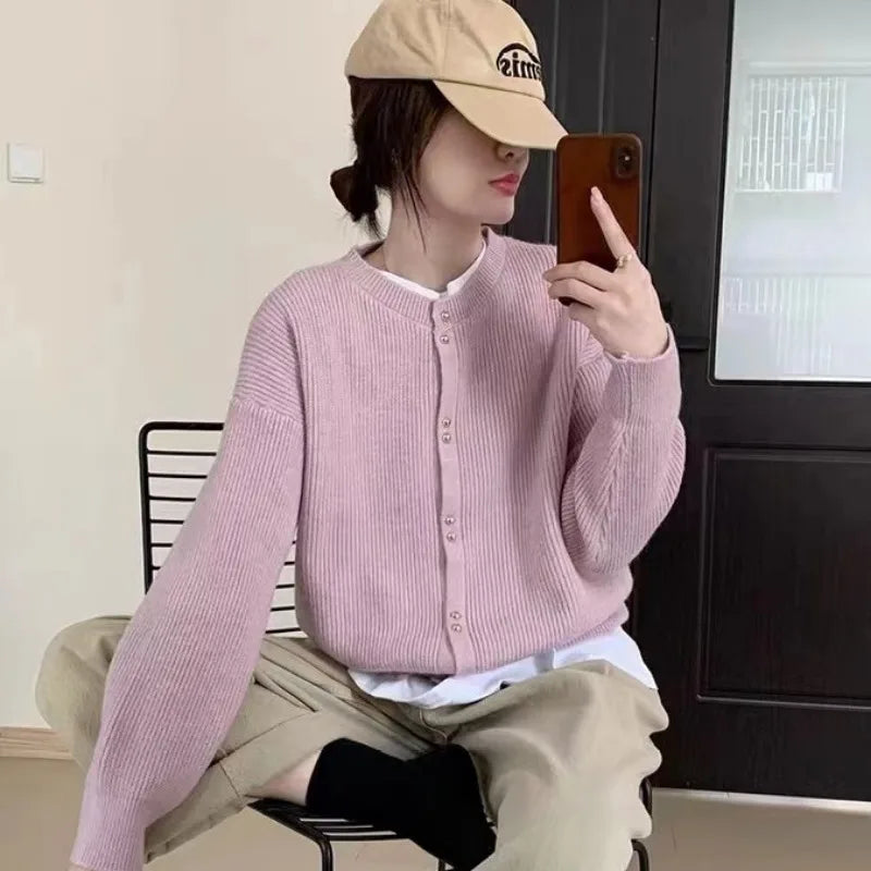 vmtvr Women O-neck Knitted Cardigan Autumn Winter Long Sleeved High-end Sweater Cardigans Lazy Style Female Loose Soft Knitted Coat