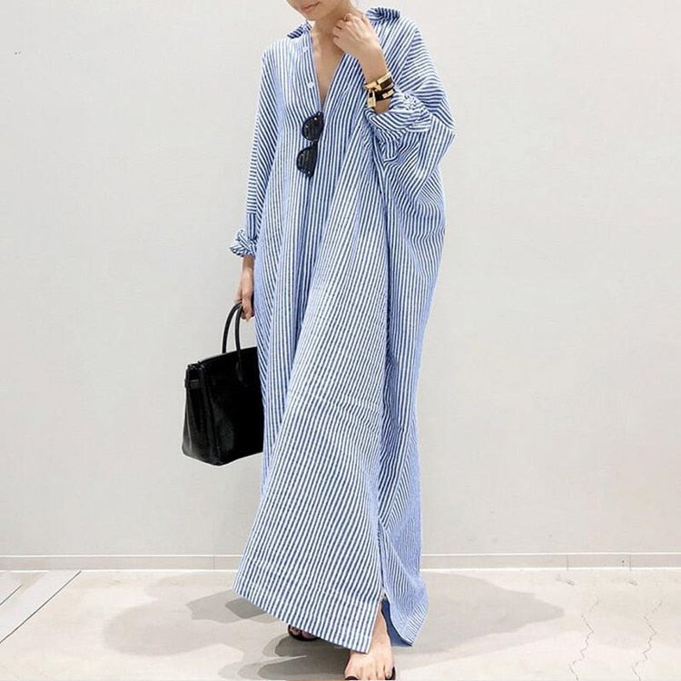 vmtvr - Single Breasted Loose Maxi Dress Stripe Button Down Oversized Dress Long Sleeve Casual Blouse Dresses 5XL Plus Size Dress