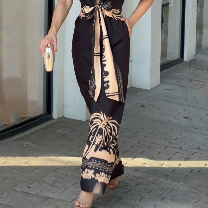 Women Maxi Dress Summer Casual Puff Sleeve V Neck Nipped Waist Slim Lace Up Print Long Skirt Party Dresses Streetwear