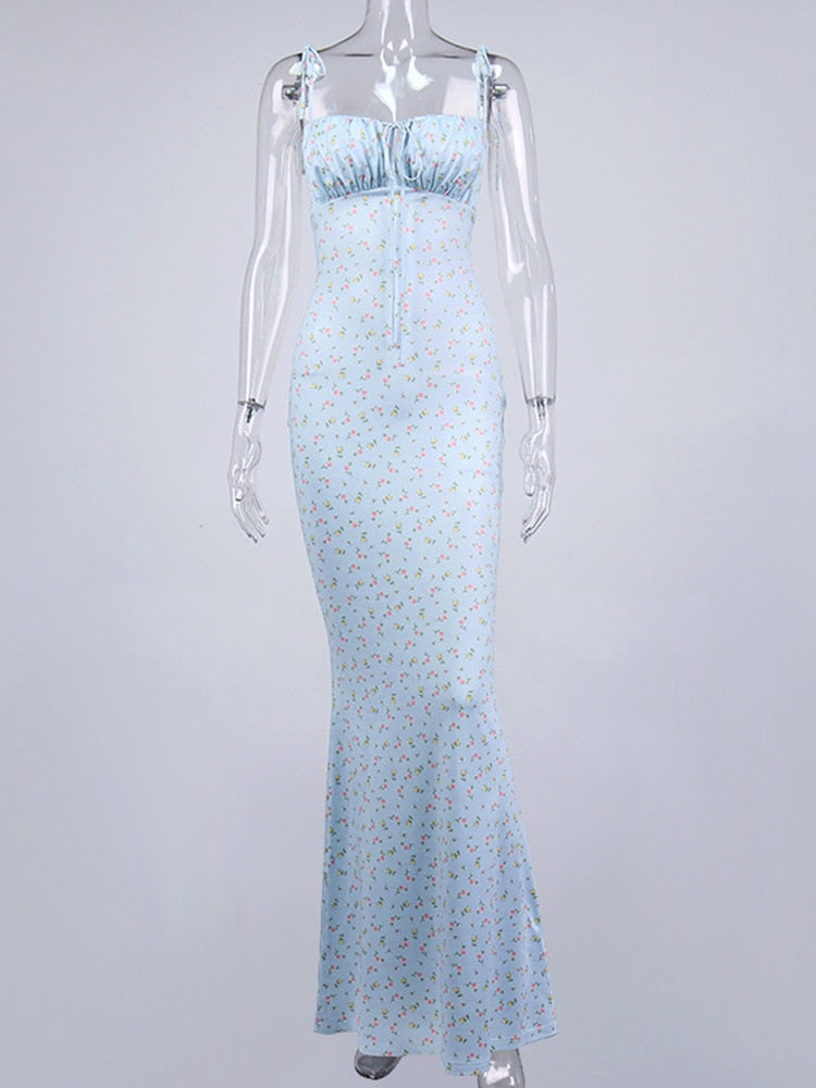 vmtvr Floral Print Cottagecore Elegant Sleeveless Maxi Sundress Sexy Backless Women Party Club Tie Front Dress Holiday